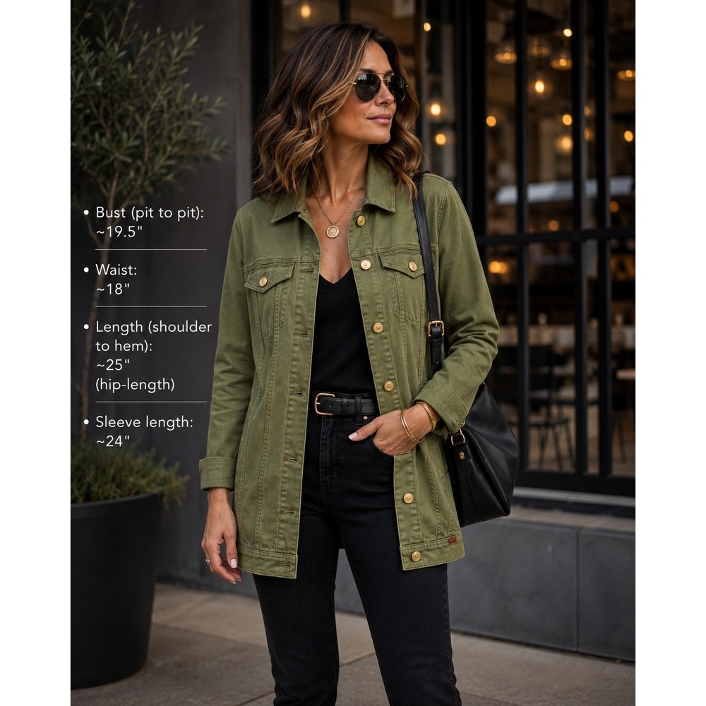LuLaRoe Jaxon Denim Jacket Olive Green Utility Rose Gold Button Large